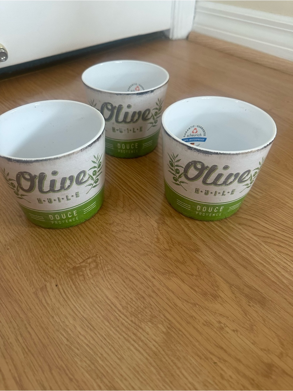 Olive Oil Themed Ceramic Planter Cups - White and Green (Set of 3)